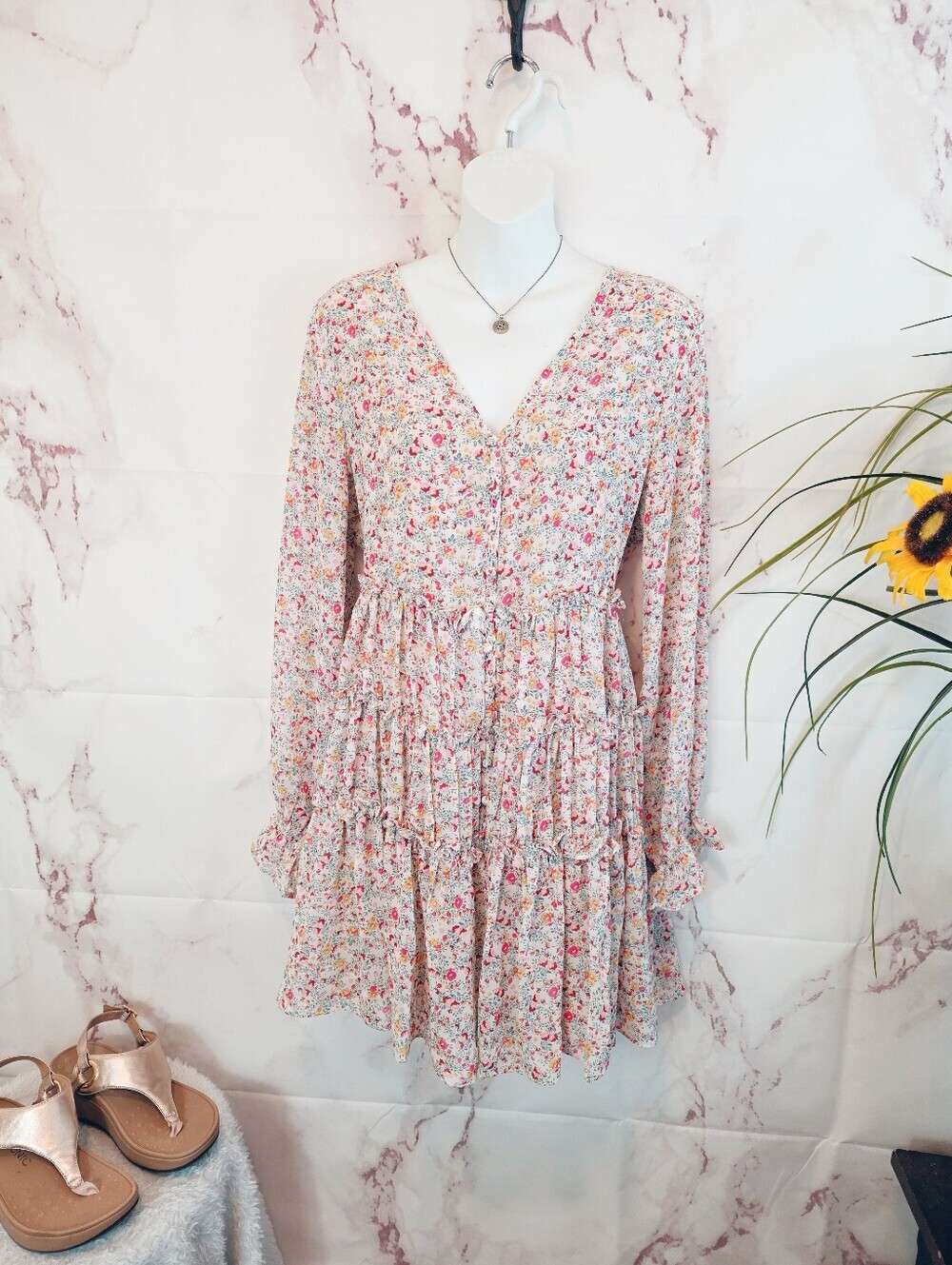 Dress Forum LA Floral Tiered Boho Fully Lined Cottagecore Pink Dress L - Picture 3 of 6